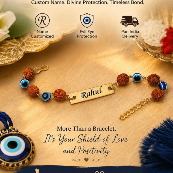 Personalized Evil Eye Rudraksha Rakhi with custom engraved name plate, sacred Rudraksha beads, blue Evil Eye beads, and adjustable gold-finish chain.