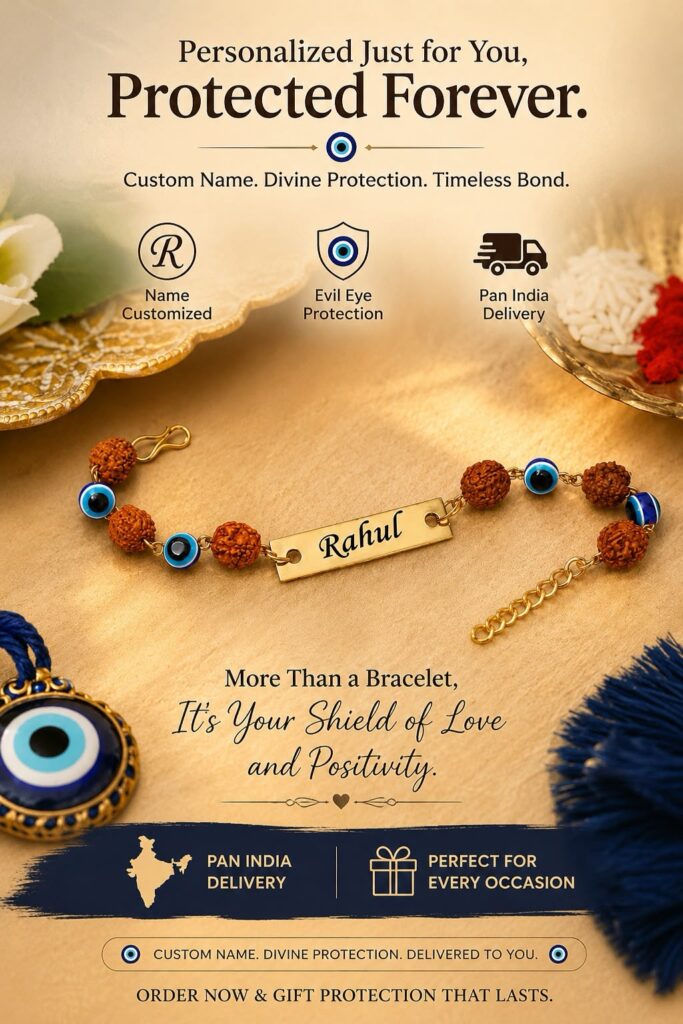 Personalized Evil Eye Rudraksha Rakhi with custom engraved name plate, sacred Rudraksha beads, blue Evil Eye beads, and adjustable gold-finish chain.