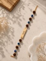 Custom name Evil Eye Rudraksha Rakhi featuring protective blue Evil Eye beads, natural Rudraksha beads, and a premium engraved stainless steel name plate.