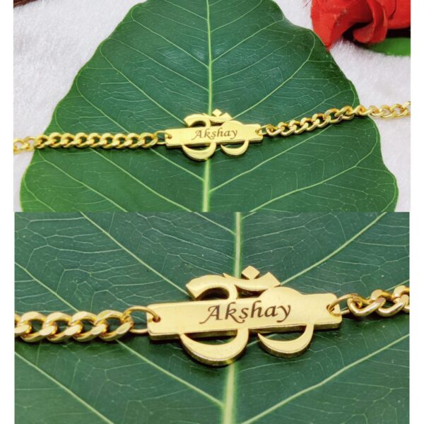 Personalized Metal Om Chain Rakhi with custom engraved name, gold-finish stainless steel Om symbol, and adjustable chain bracelet for Raksha Bandhan.