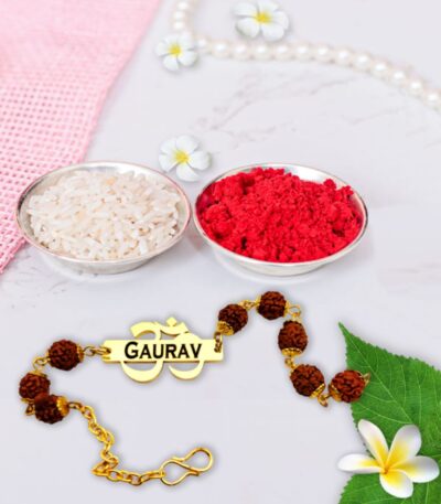 Personalized Om Rudraksha Rakhi bracelet with engraved name, sacred Om symbol, genuine Rudraksha beads, and adjustable gold-finish chain.