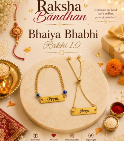 Personalized Bhaiya Bhabhi Rakhi bracelet set featuring custom engraved gold name plates, adjustable chain bracelets, and elegant matching designs.