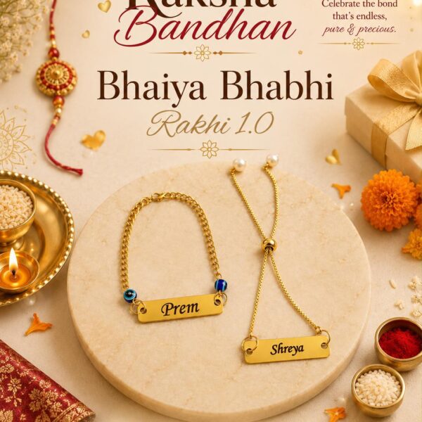 Personalized Bhaiya Bhabhi Rakhi bracelet set featuring custom engraved gold name plates, adjustable chain bracelets, and elegant matching designs.