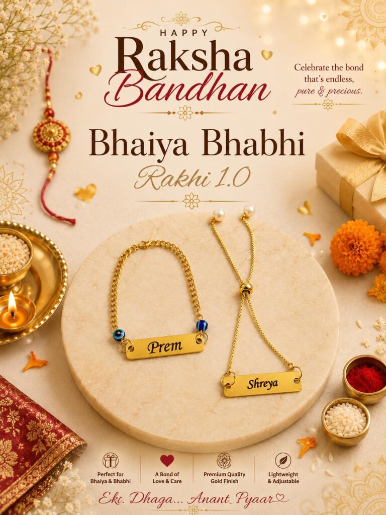 Personalized Bhaiya Bhabhi Rakhi bracelet set featuring custom engraved gold name plates, adjustable chain bracelets, and elegant matching designs.