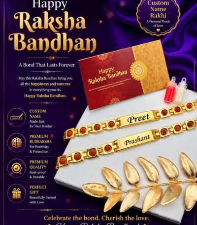 Personalized Rudraksha chain bracelet Rakhi with custom engraved name, premium gold-finish stainless steel, and sacred Rudraksha accents.