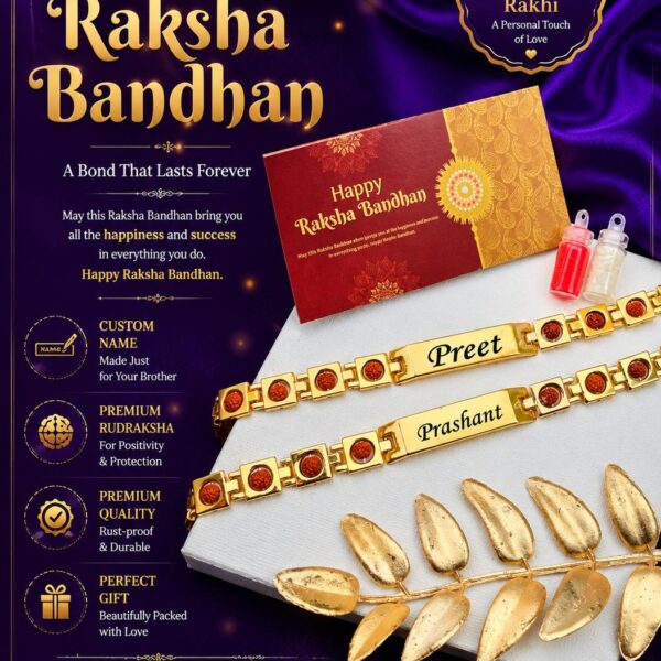 Personalized Rudraksha chain bracelet Rakhi with custom engraved name, premium gold-finish stainless steel, and sacred Rudraksha accents.