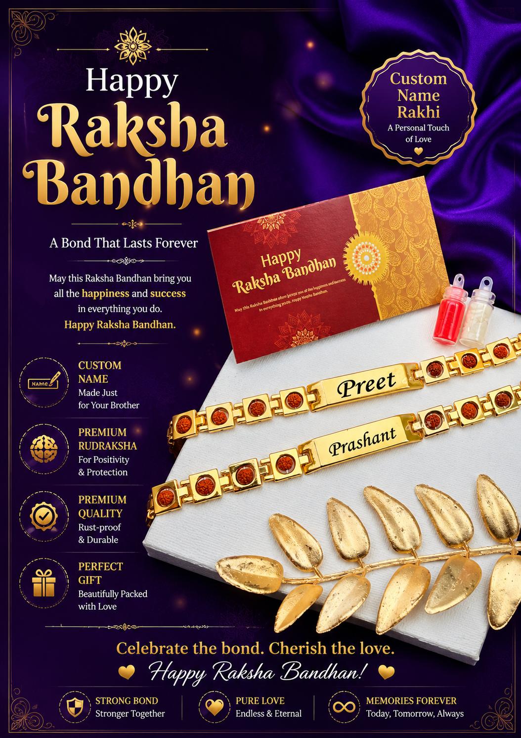 Personalized Rudraksha Chain Bracelet Rakhi Personalized Rudraksha chain bracelet Rakhi with custom engraved name, premium gold-finish stainless steel, and sacred Rudraksha accents.