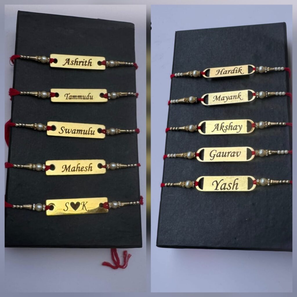 Personalized gold name plate Rakhi with custom engraved name, pearl bead accents, and traditional red thread for Raksha Bandhan.