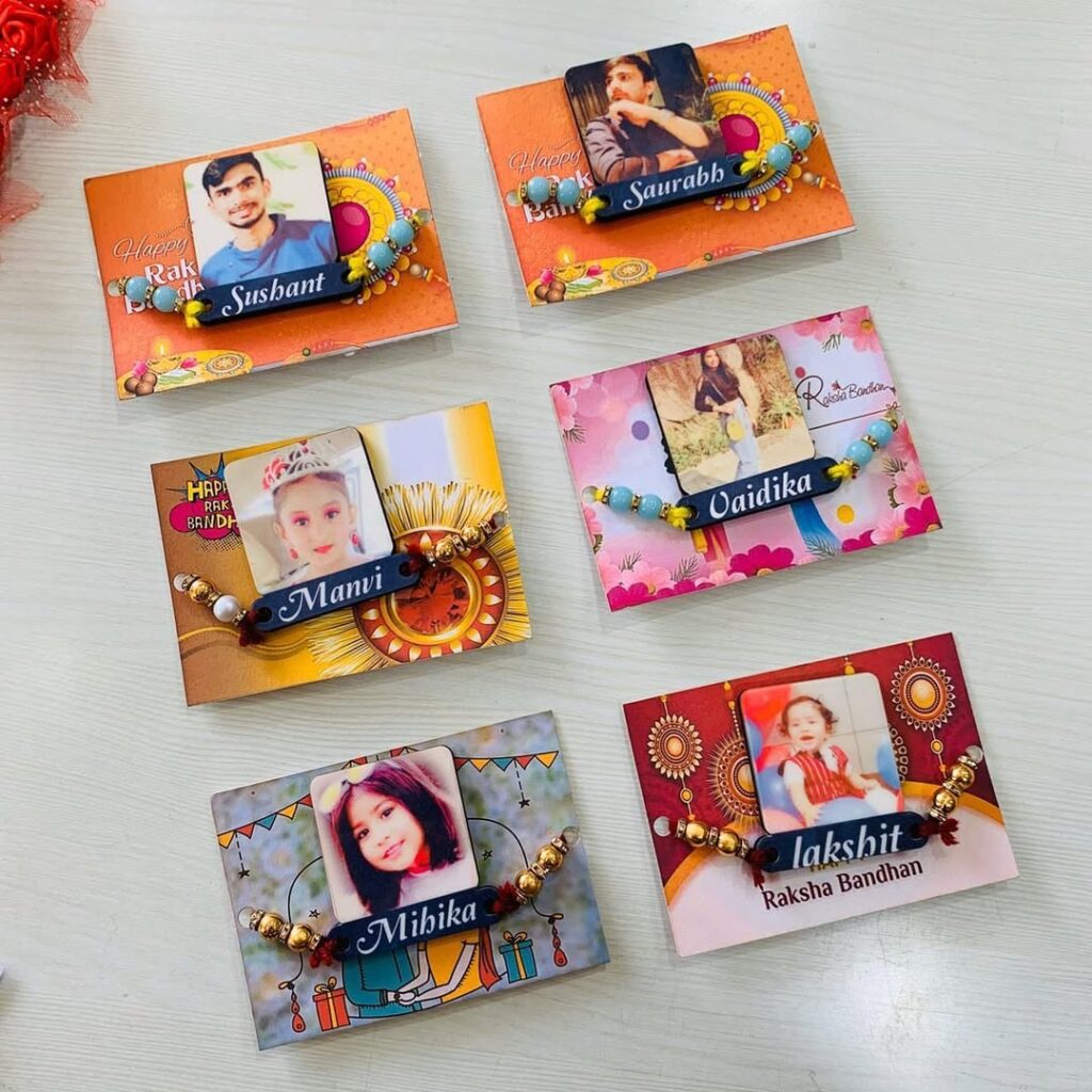 Custom Photo Name Rakhi with personalized photo charm, engraved name plate, decorative beads, and premium silk thread.