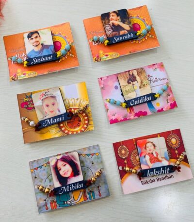 Custom Photo Name Rakhi with personalized photo charm, engraved name plate, decorative beads, and premium silk thread.