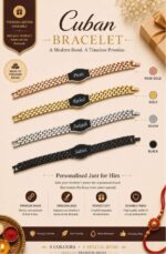 Custom Cuban name bracelet Rakhi available in gold, rose gold, silver, and black with engraved name plate and secure clasp.