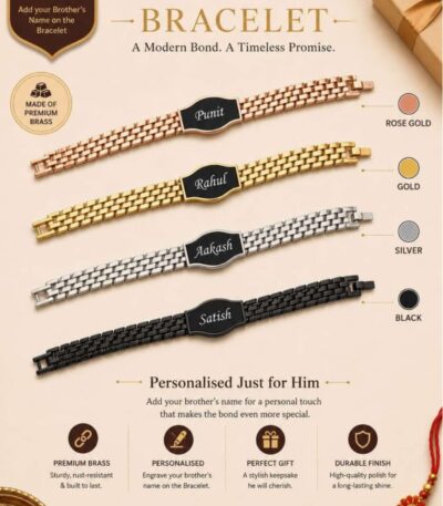 Custom Cuban name bracelet Rakhi available in gold, rose gold, silver, and black with engraved name plate and secure clasp.