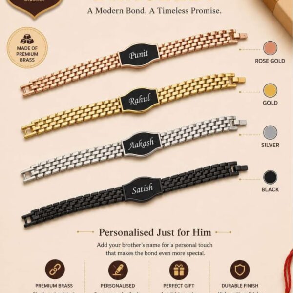 Custom Cuban name bracelet Rakhi available in gold, rose gold, silver, and black with engraved name plate and secure clasp.
